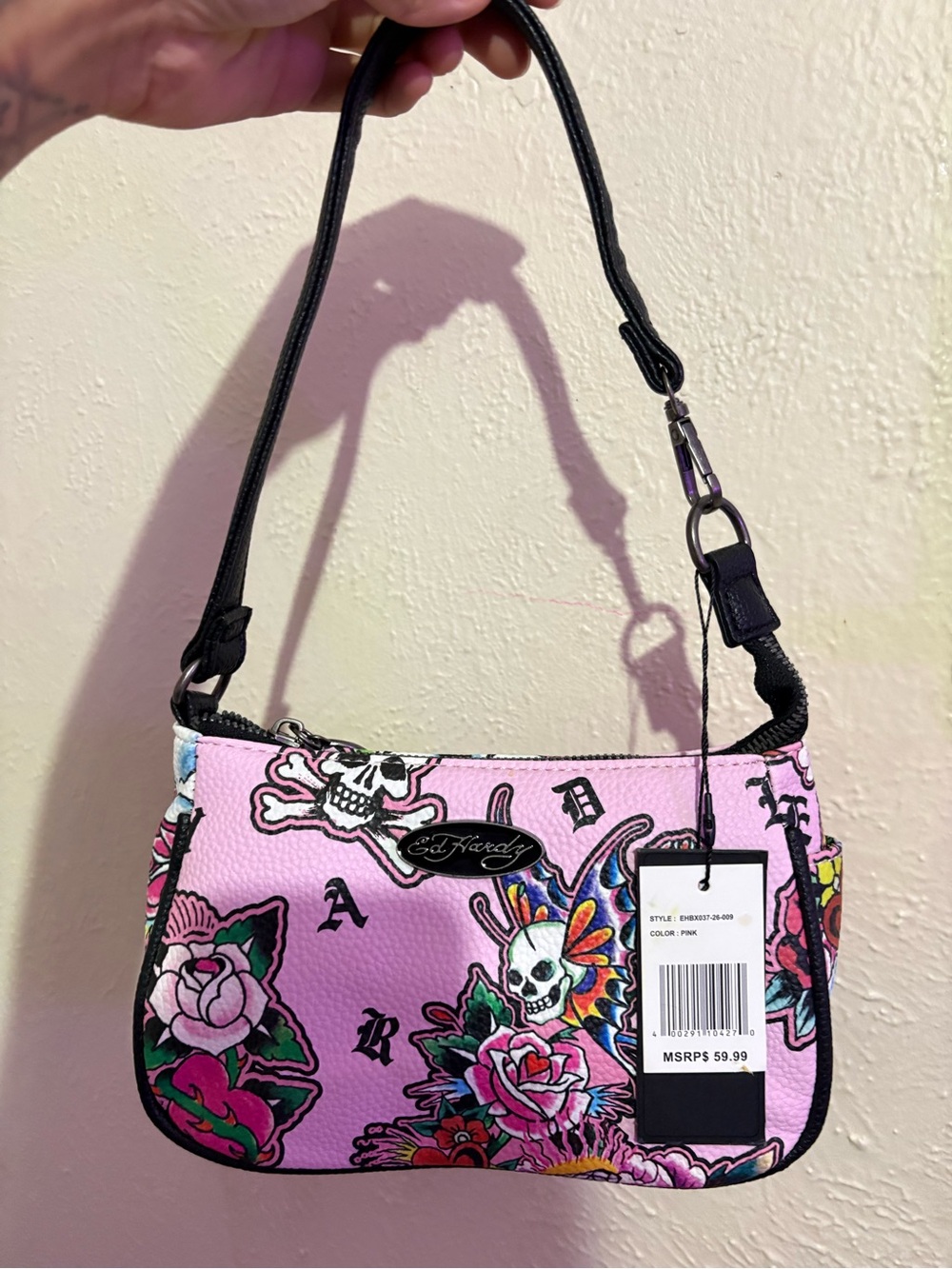 Ed Hardy Pink Floral Skull Mini Shoulder Bag with Black Strap